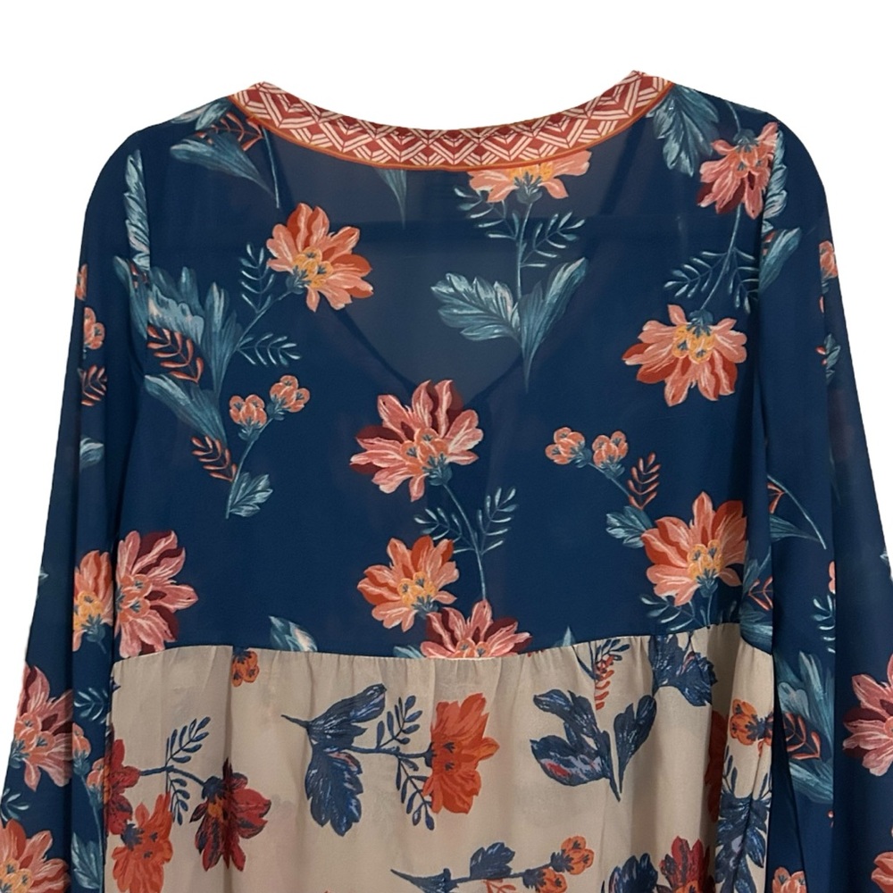 •CCO SALE• FLYING TOMATO Boho Floral Print Colorblock Bell Sleeve Lace Up Top L - Picture 7 of 13